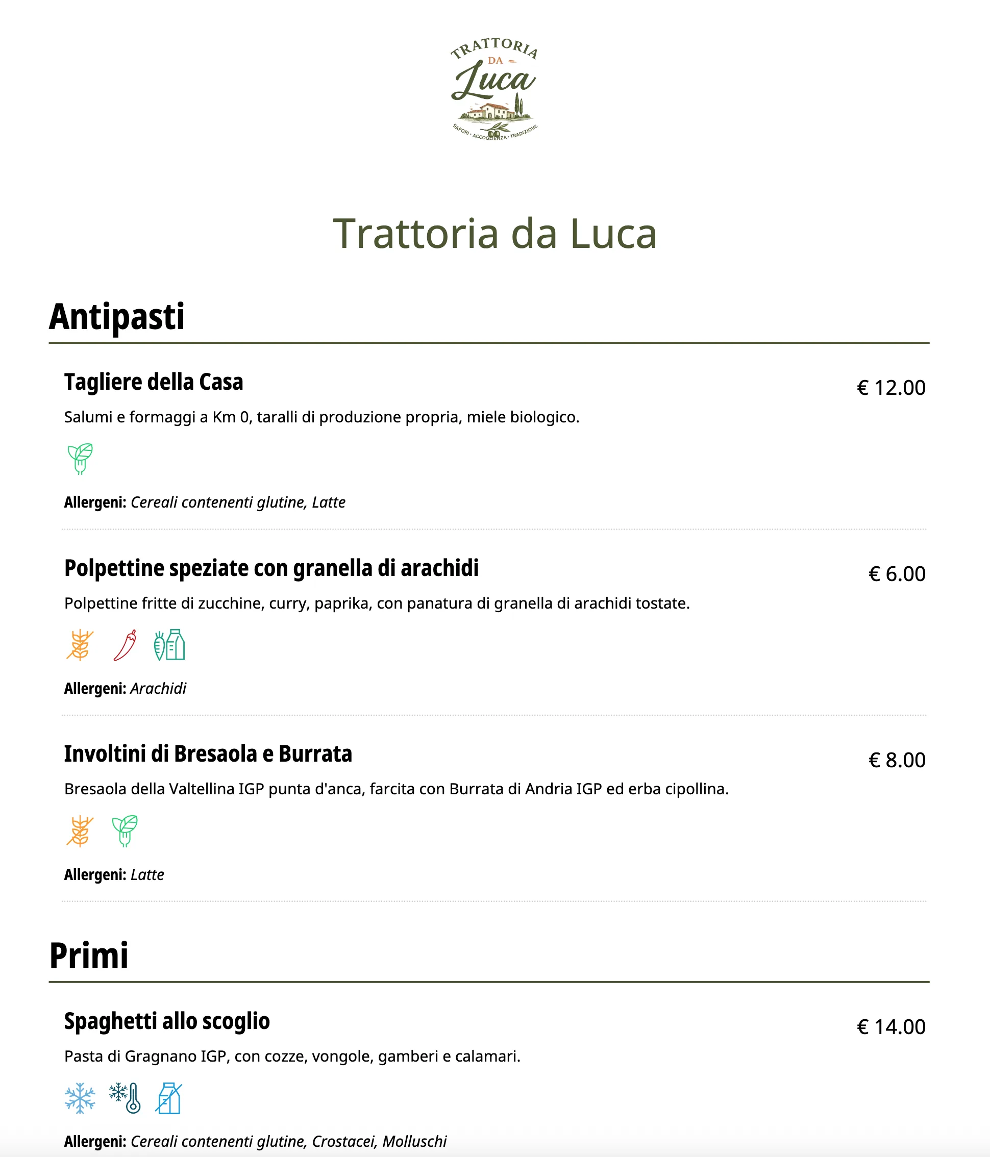 Anteprima di una pagina del PDF generato: intestazione con logo e nome del locale, categoria Antipasti con le voci, descrizioni, prezzi, icone caratteristiche e lista allergeni
