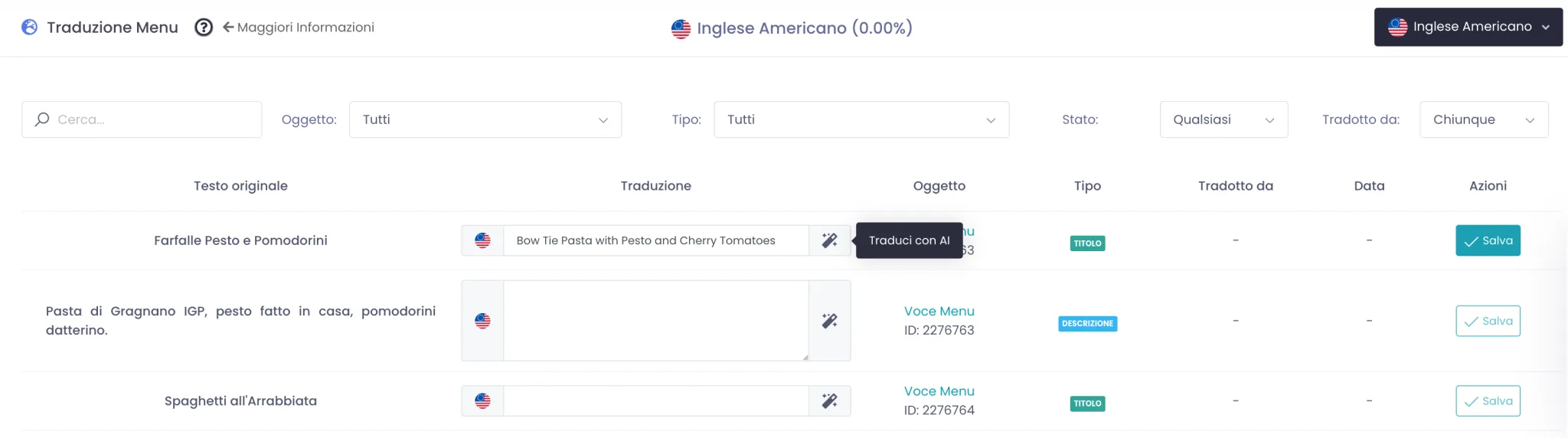 Dettaglio di una riga della tabella con l'icona della bacchetta magica Traduci con AI accanto al campo traduzione