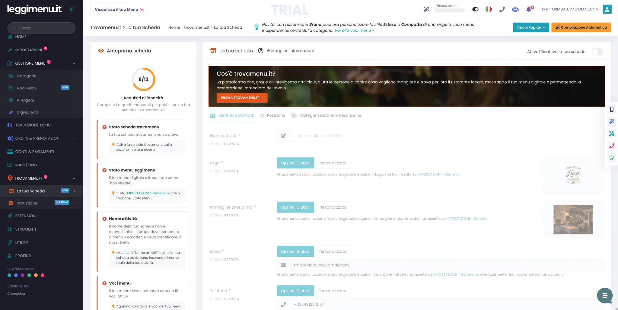 Pagina La tua Scheda di trovamenu con interruttore di attivazione, anteprima a sinistra e i tab di modifica a destra