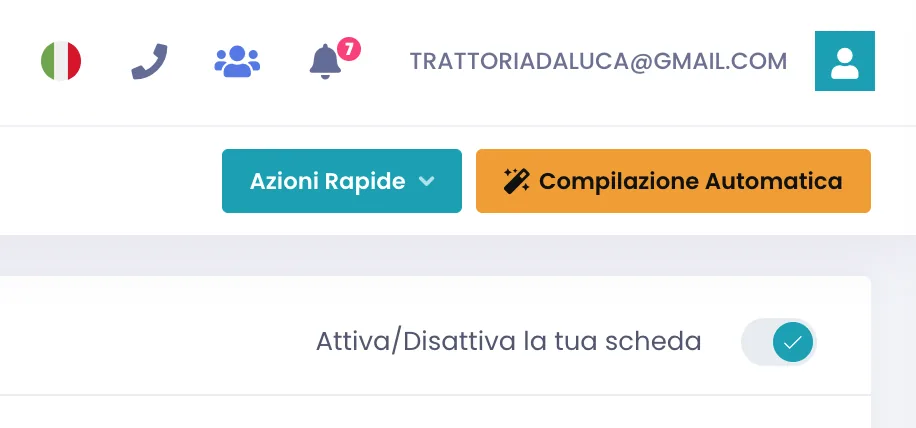 Barra in alto della pagina con l'interruttore Attiva/Disattiva la tua scheda acceso