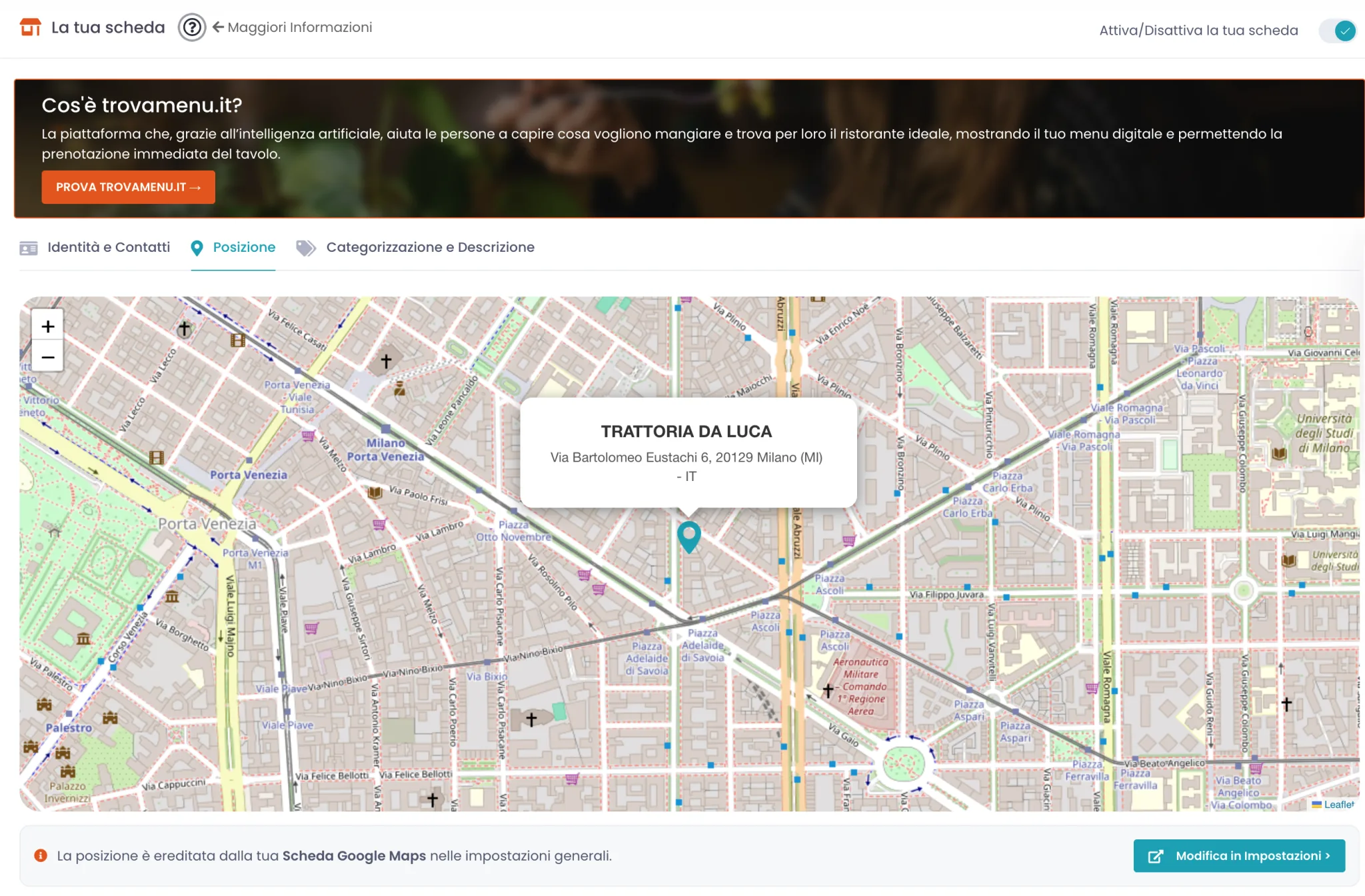 Tab Posizione con la mappa, il marker del locale e il popup con nome e indirizzo
