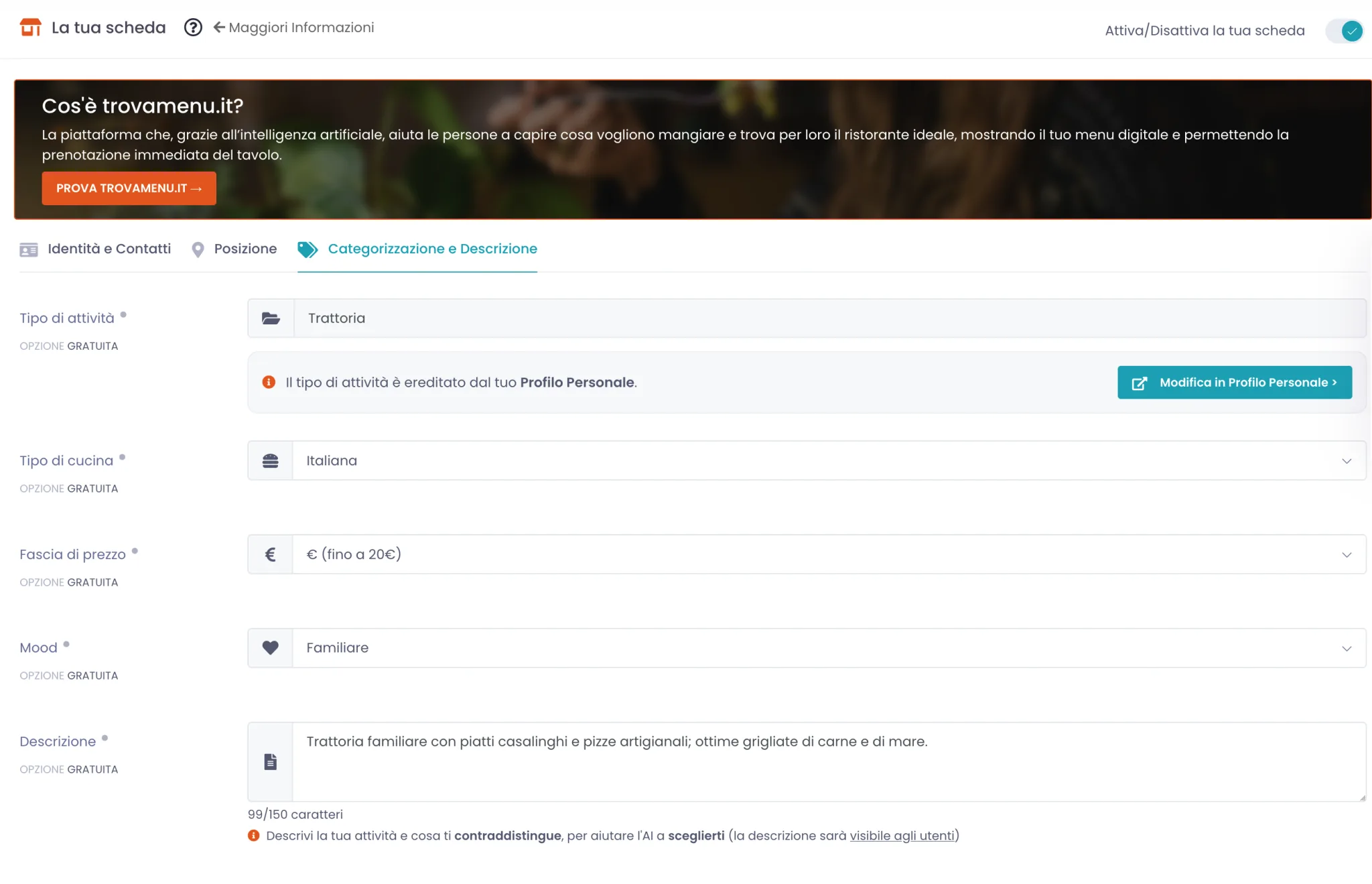 Tab Categorizzazione e Descrizione con Tipo di attività, Tipo di cucina, Fascia di prezzo, Mood e Descrizione