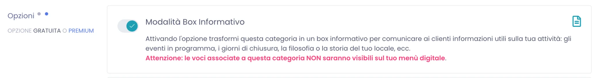Interruttore Modalità Box Informativo attivo con l'avviso che le voci collegate alla categoria non saranno visibili sul menu digitale