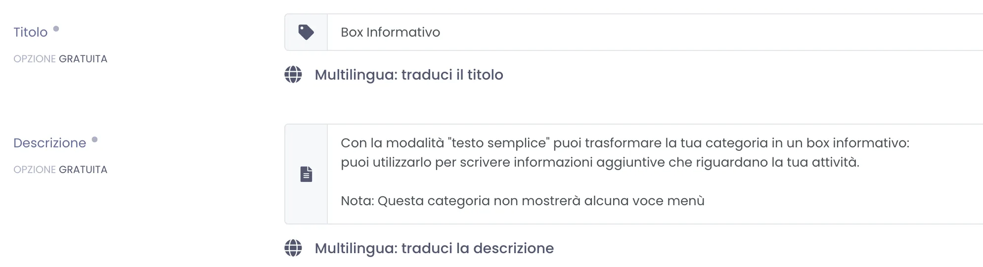 Campi standard Titolo e Descrizione della categoria compilati con il contenuto del box informativo