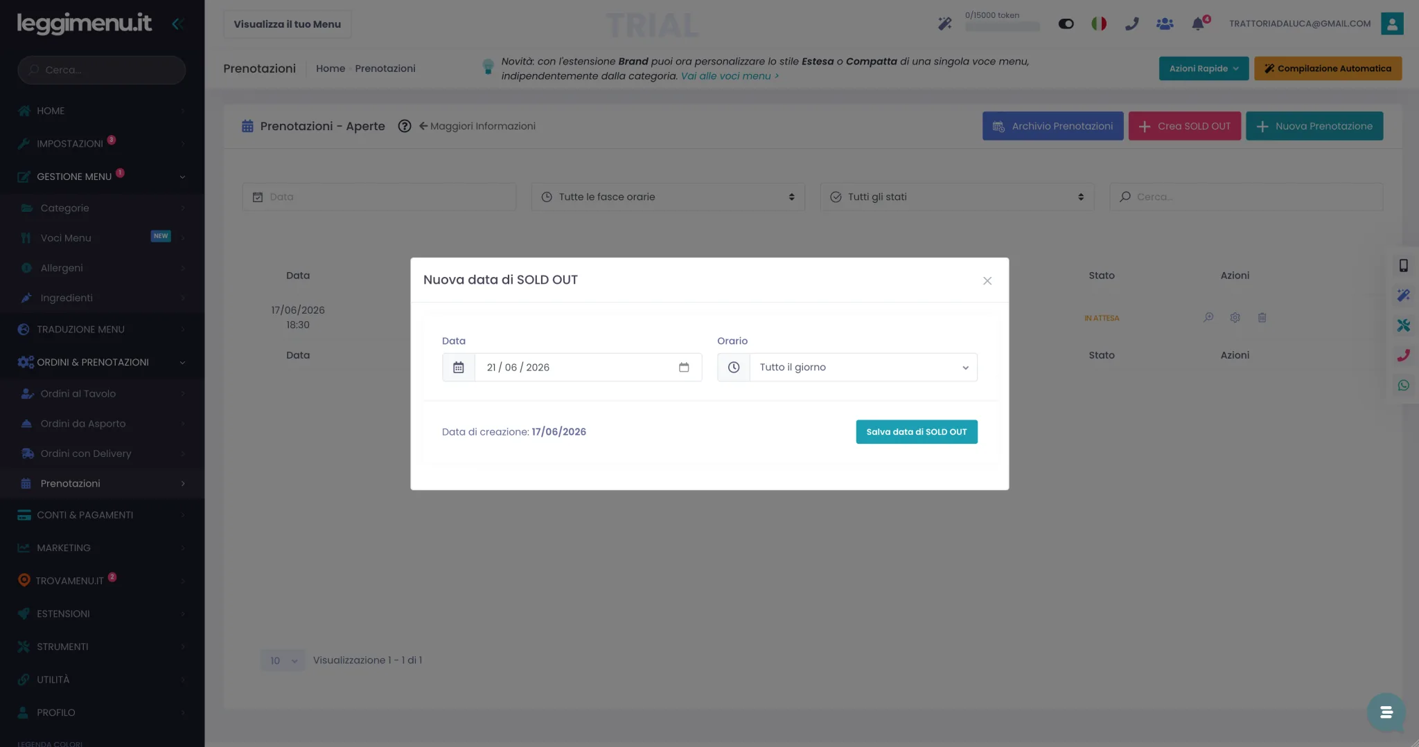 Finestra Nuova data di SOLD OUT nelle Prenotazioni con il campo data e l'orario da bloccare