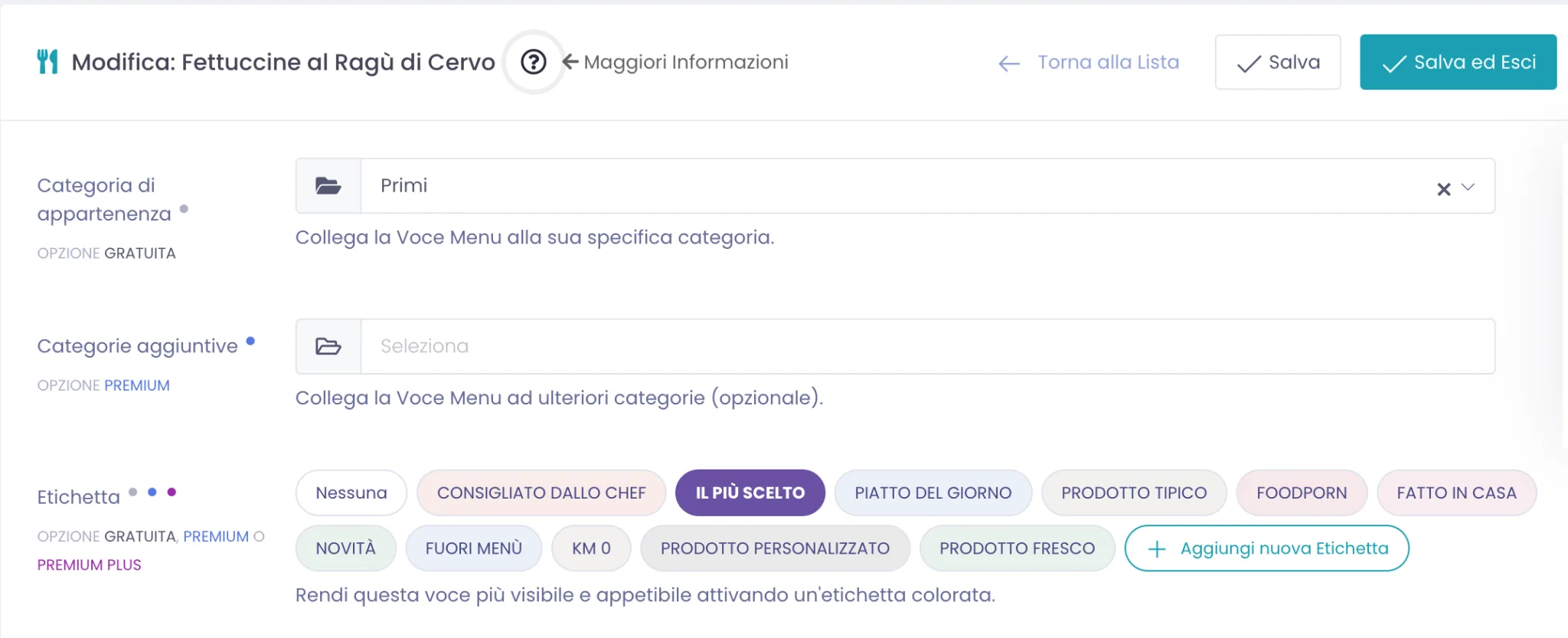 Sezione Etichetta di una voce menu con le etichette colorate disponibili e l'etichetta Il più scelto selezionata