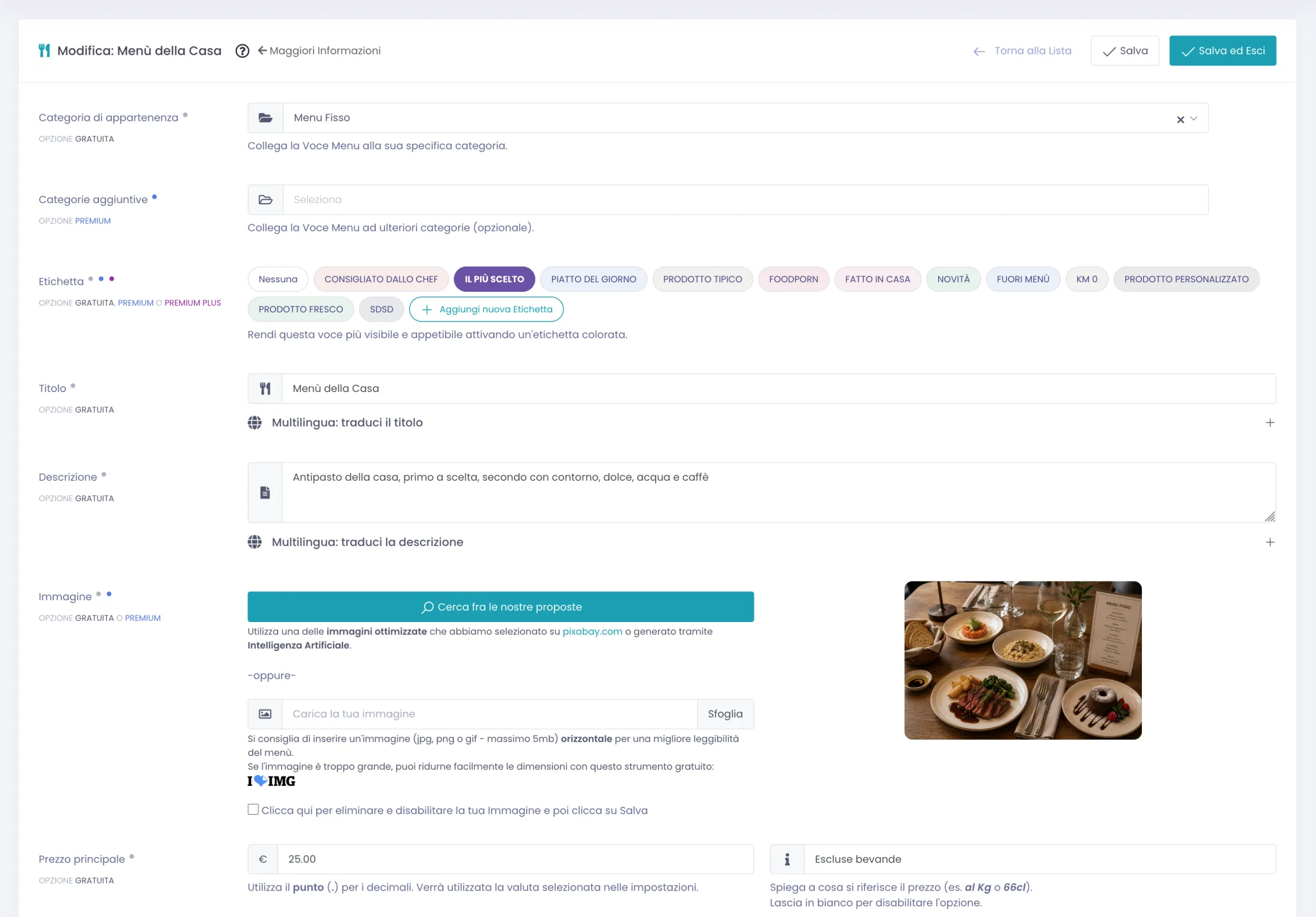 Modulo di modifica di una voce menu chiamata Menu della Casa nella categoria Menu Fisso, con etichetta Il piu scelto, la descrizione che elenca le portate incluse e il prezzo fisso di 25 euro