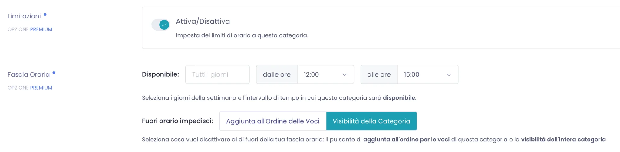 Sezione Limitazioni di una categoria con l'interruttore attivo, la fascia oraria dalle 12:00 alle 15:00 e la scelta di cosa impedire fuori orario