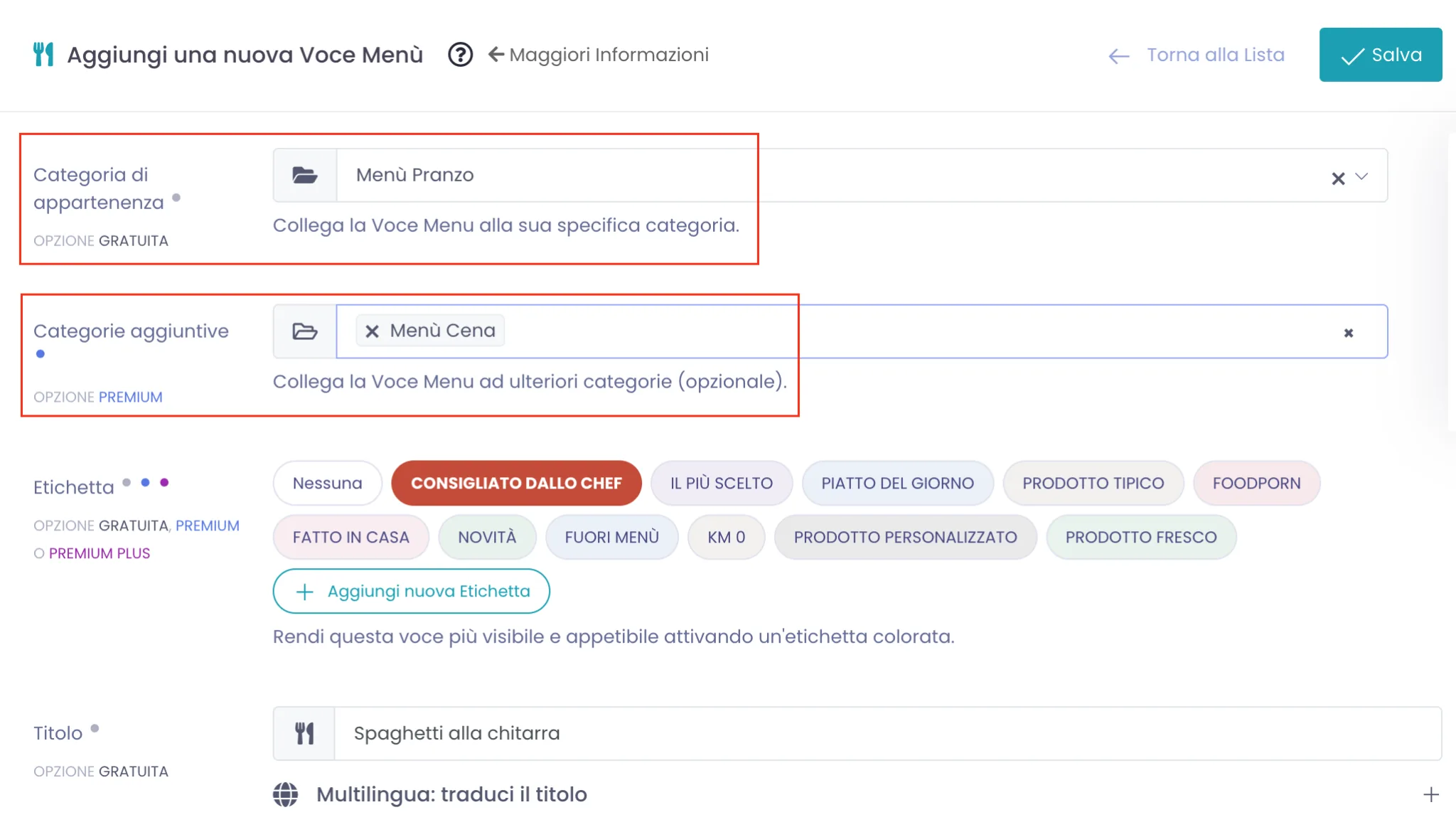 Form di una voce menu con la Categoria di appartenenza impostata su Menù Pranzo e le Categorie aggiuntive con Menù Cena