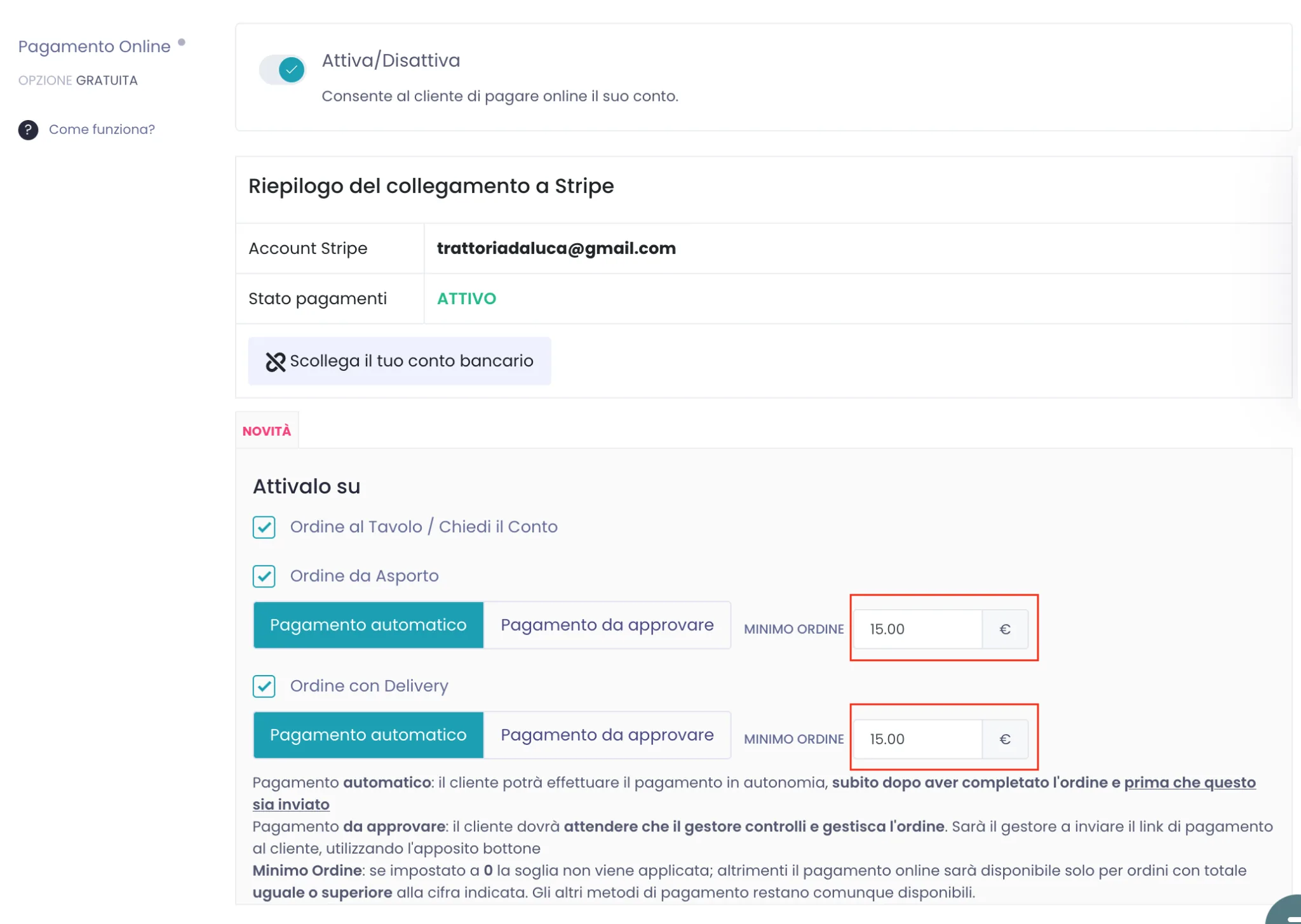 Sezione Pagamento Online con il conto Stripe collegato e il campo Minimo Ordine impostato a 15 euro per Asporto e Delivery