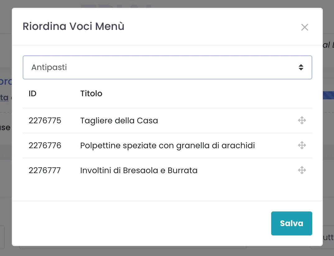 Finestra Riordina Voci Menù con una categoria selezionata e l'elenco dei piatti trascinabili per cambiarne l'ordine