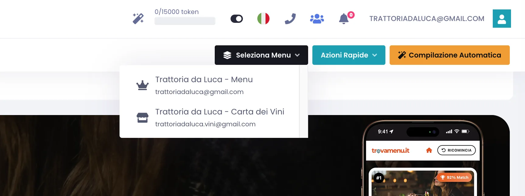 Menu a tendina Seleziona Menu aperto nella barra in alto, con l'account principale contrassegnato dall'icona a corona e il menu collegato dall'icona a negozio